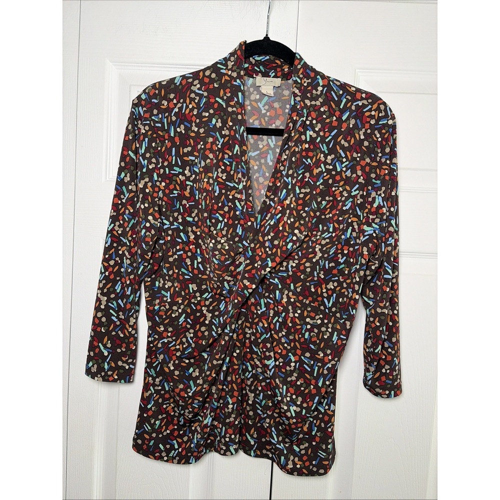 Yvos Twist Front V-Neck Top Womens Size L Brown Multi Confetti Abstract Stretch